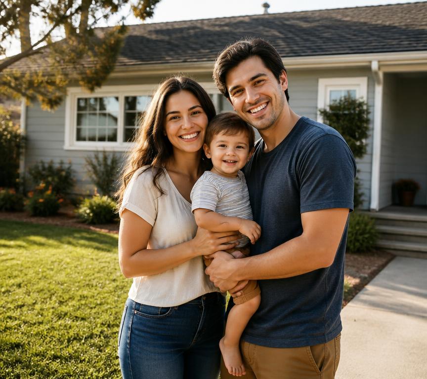 Young family standing in front of their new home